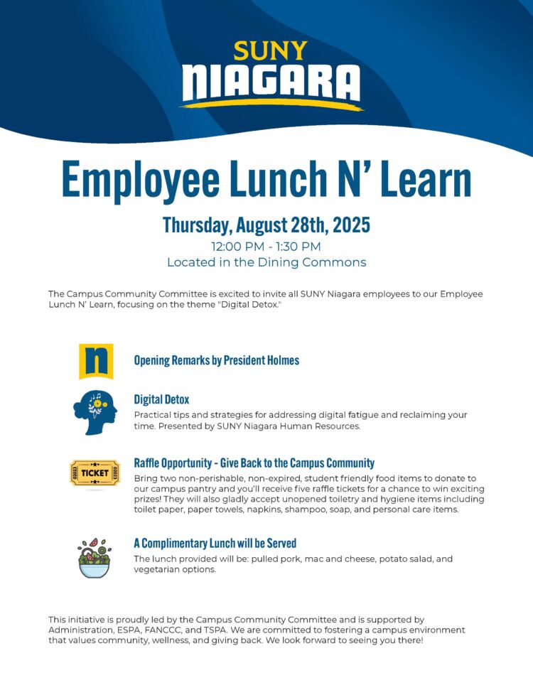 SUNY Niagara Employee Lunch N Learn flyer for August 28, 2025, with event details, digital detox tips, raffle info, free lunch options, and a blue-white color scheme.