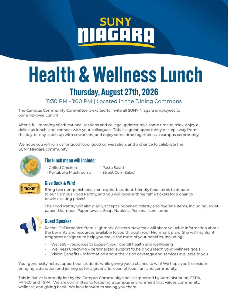 A flyer for SUNY Niagaras Health & Wellness Lunch on August 27th, 2026, with event details, lunch menu, donation info, and committee contacts shown in blue, white, and yellow text.