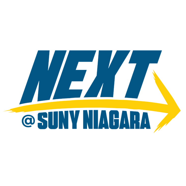 Blue text reads NEXT @ SUNY NIAGARA with a yellow arrow swooshing under the words and pointing to the right. The background is white.