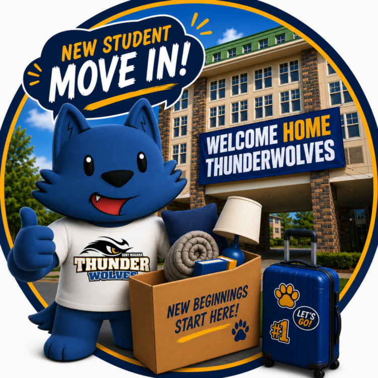 A blue wolf mascot greets new students with a thumbs up outside a dorm. Signs say New Student Move In! and Welcome Home ThunderWolves. Theres a box and suitcase labeled New Beginnings Start Here!.
