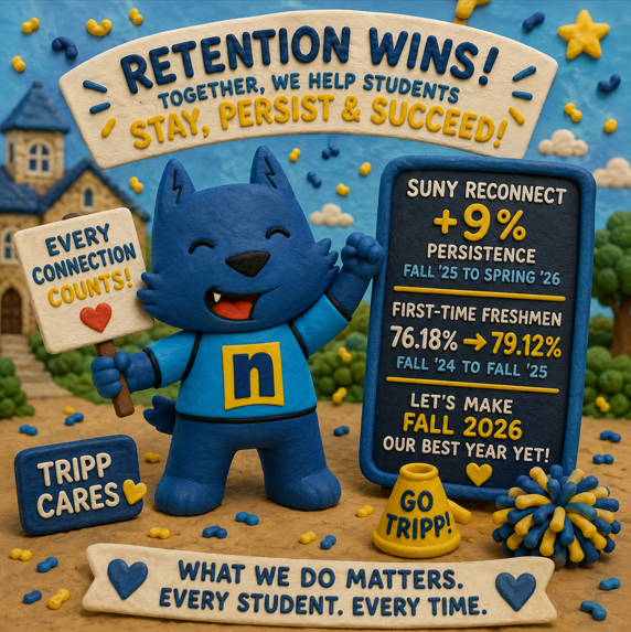 A blue mascot holds a heart sign amid colorful text stats about student retention, emphasizing connection, persistence, and success. Decorative hearts, stars, and Tripp Cares and Go Tripp! signs surround the mascot.
