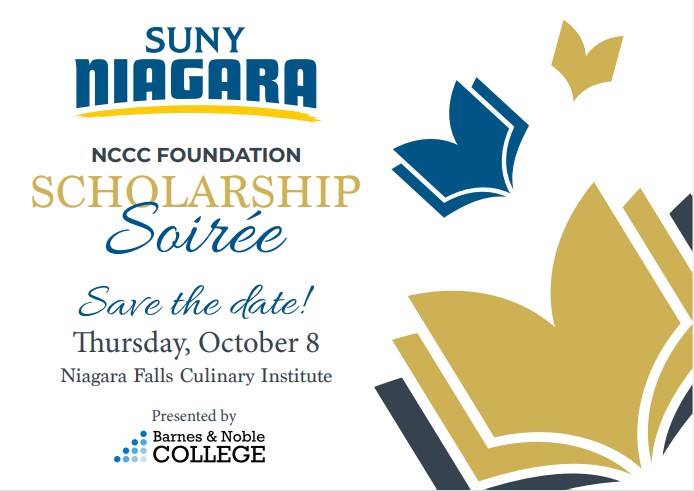 Invitation for the SUNY Niagara NCCC Foundation Scholarship Soirée on Thursday, October 8 at Niagara Falls Culinary Institute, featuring blue and gold book and star graphics.