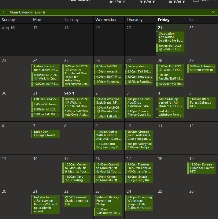 Screenshot of a calendar for August 2021 showing various college events, class times, deadlines, club activities, and meetings organized by day in a grid format. The highlighted date is Friday, August 20th.