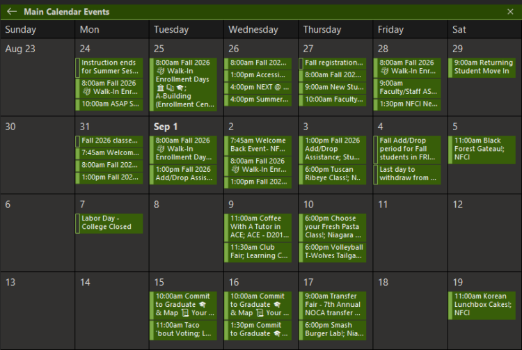 A digital calendar displays various college events and deadlines, with each day listing activities such as classes, registration, job fairs, food pantry hours, and club meetings, from August 23 to September 18.