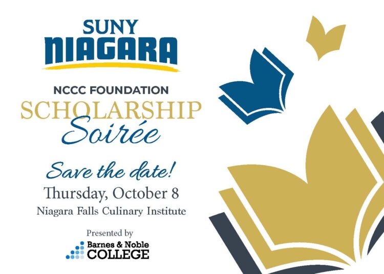 Event flyer for SUNY Niagara NCCC Foundation Scholarship Soirée on Thursday, October 8 at Niagara Falls Culinary Institute, presented by Barnes & Noble College, with abstract open book graphics.