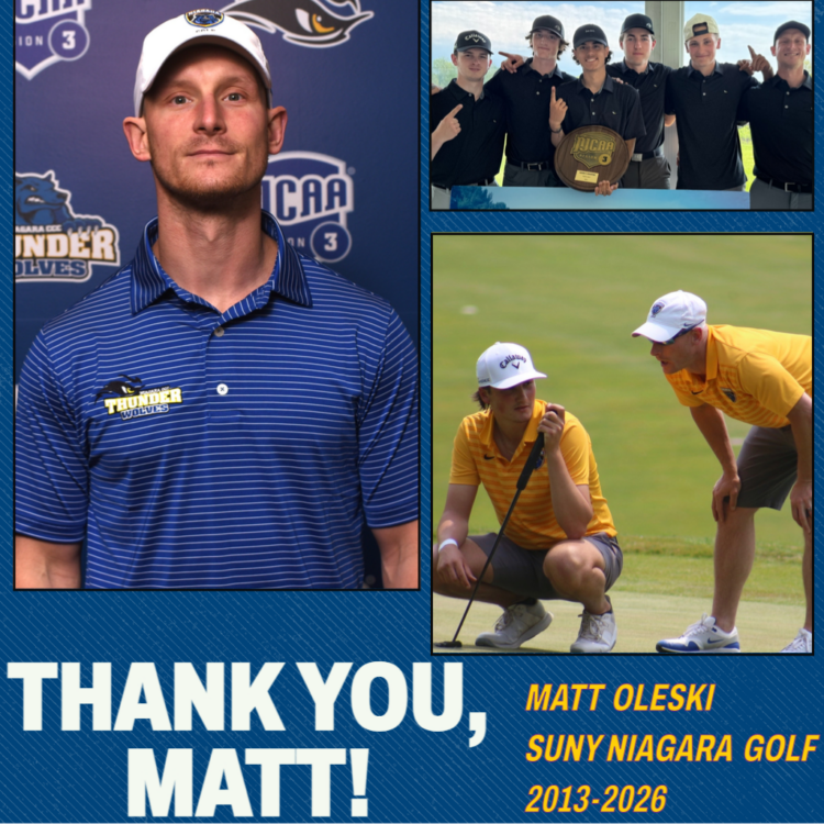 A man in a blue polo stands beside team photos and golf scenes. Text reads: Thank you, Matt! Matt Oleski SUNY Niagara Golf 2013-2026..