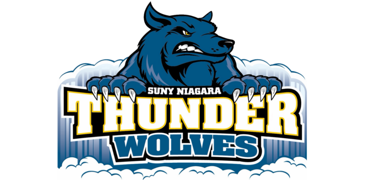 Logo of SUNY Niagara Thunderwolves featuring a fierce blue wolf above the words SUNY Niagara Thunder Wolves in bold yellow, white, and blue letters, with the wolfs claws gripping the top text.