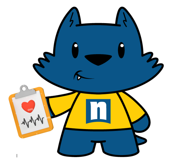 Cartoon blue cat character in a yellow shirt with a bold n on it, holding a clipboard that displays a red heart and a black heartbeat line.