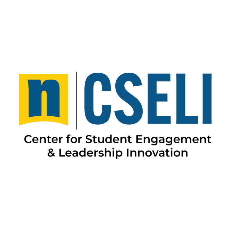 Logo for the Center for Student Engagement & Leadership Innovation featuring a yellow square with a lowercase n and large blue letters CSELI above the centers full name in black text.