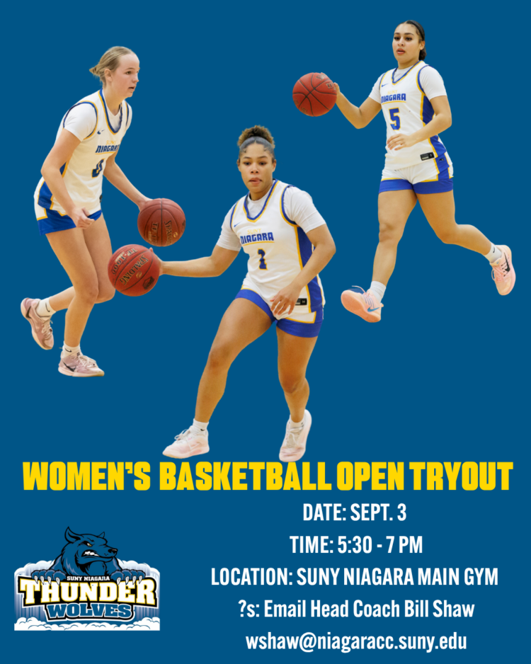 Three female basketball players in Niagara uniforms dribble and pose with basketballs. Text below announces a womens basketball open tryout at SUNY Niagara with date, time, location, and contact info. Thunderwolves logo is also displayed.