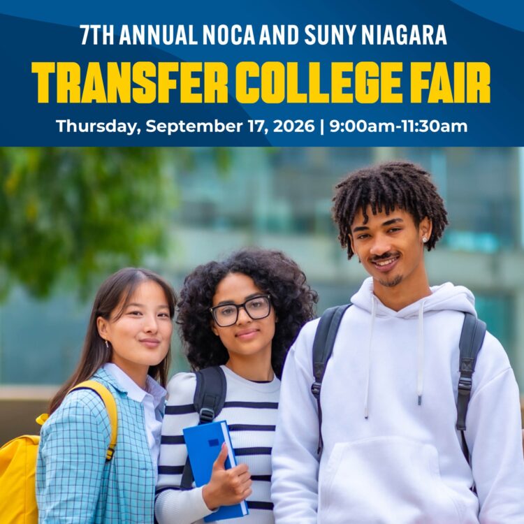 Three smiling students with backpacks stand outdoors, holding notebooks. Text above announces the 7th Annual NOCA and SUNY Niagara Transfer College Fair on September 17, 2026, from 9:00am to 11:30am.