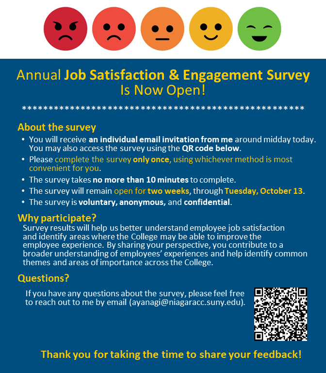 A colorful flyer with emoji faces invites participation in an annual Job Satisfaction & Engagement Survey, with details on how to access it, its purpose, and contact information, including a QR code for online access.