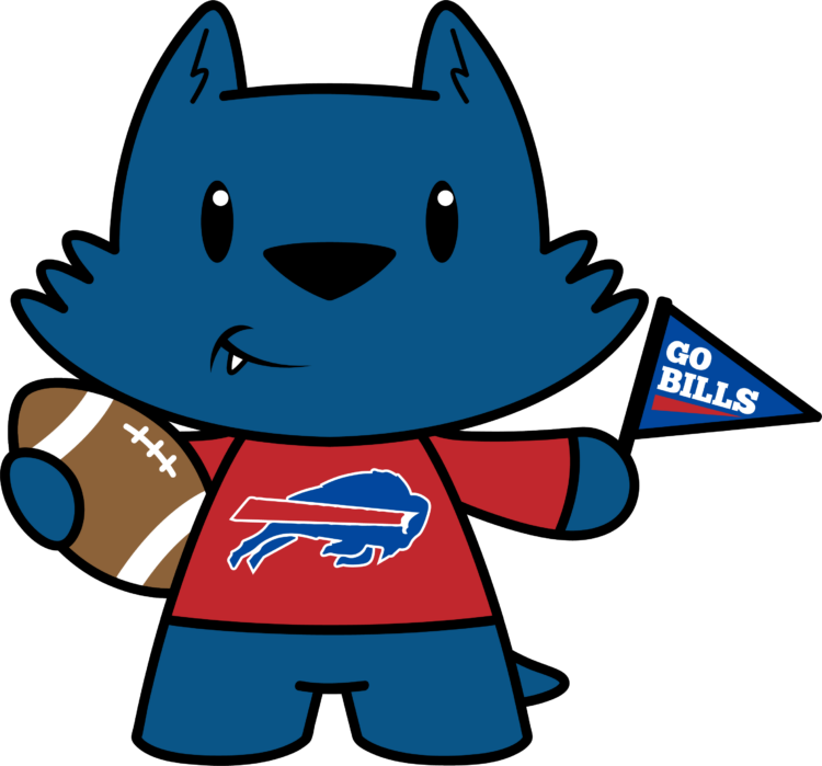 Cartoon blue wolf holding a football and a Go Bills flag, wearing a red shirt with the Buffalo Bills logo.