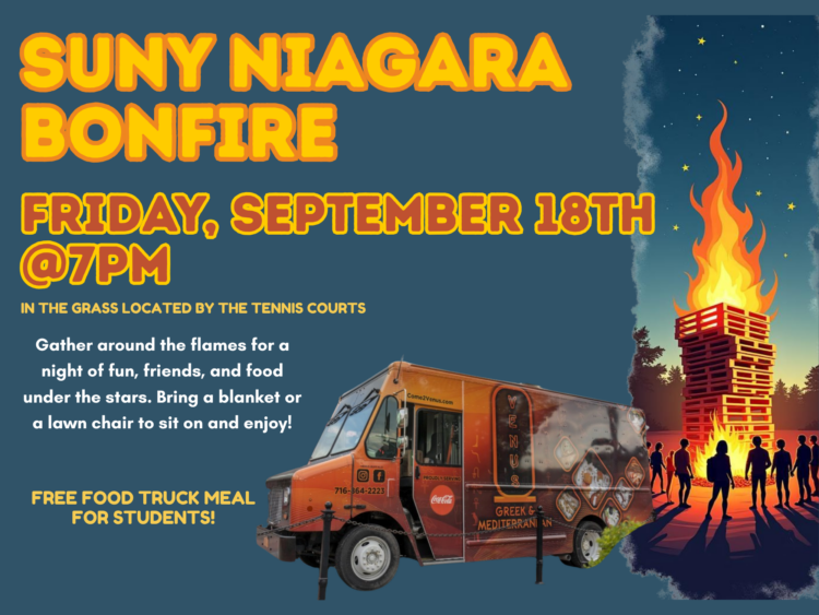 Poster for SUNY Niagara Bonfire event, featuring a food truck and a large bonfire with people gathered. Event date: Friday, September 18th, 7pm. Free meal for students; bring a blanket or chair.
