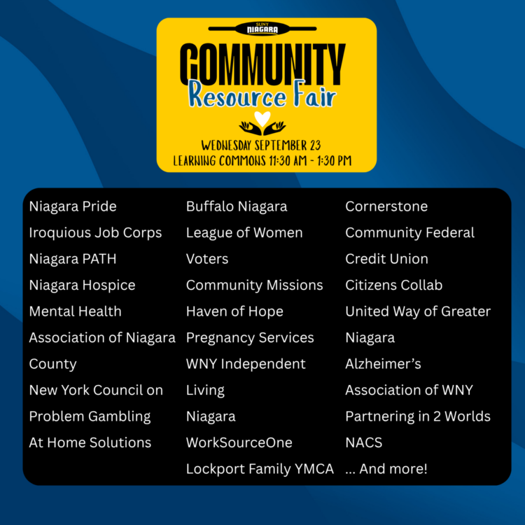 Event flyer for the Community Resource Fair on September 23, 11:30 AM - 1:30 PM, listing participating organizations including Niagara Pride, Mental Health Association, United Way, WNY Independent Living, NACS, and others.