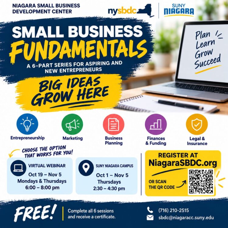Flyer for Small Business Fundamentals 6-part series by Niagara SBDC. Shows session dates, topics, registration site, contact info, and images for entrepreneurship, marketing, business, finances, and legal.