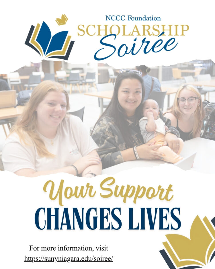 Four smiling people, including one holding a baby, sit at a table in a bright classroom. Text reads: NCCC Foundation Scholarship Soiree. Your support changes lives. Website link and book graphic shown.