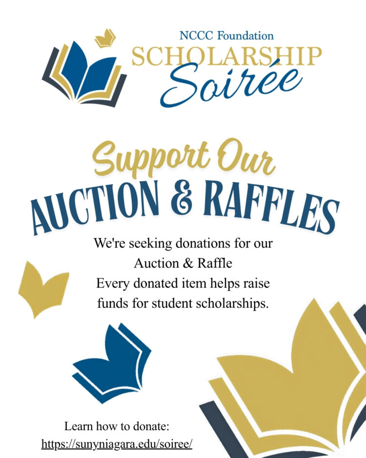 Flyer for the NCCC Foundation Scholarship Soiree. It requests auction and raffle donations to support student scholarships, includes decorative book graphics, and provides a donation link: https://sunyniagara.edu/soiree/.