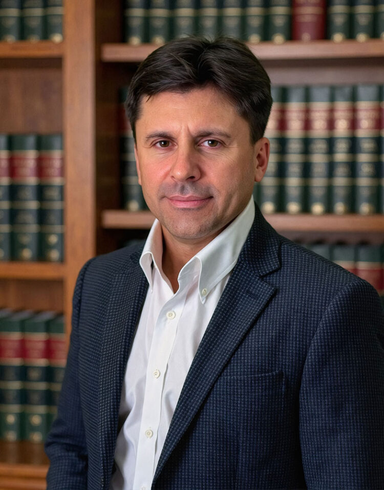 A man in a suit jacket and white shirt stands in front of shelves filled with books.