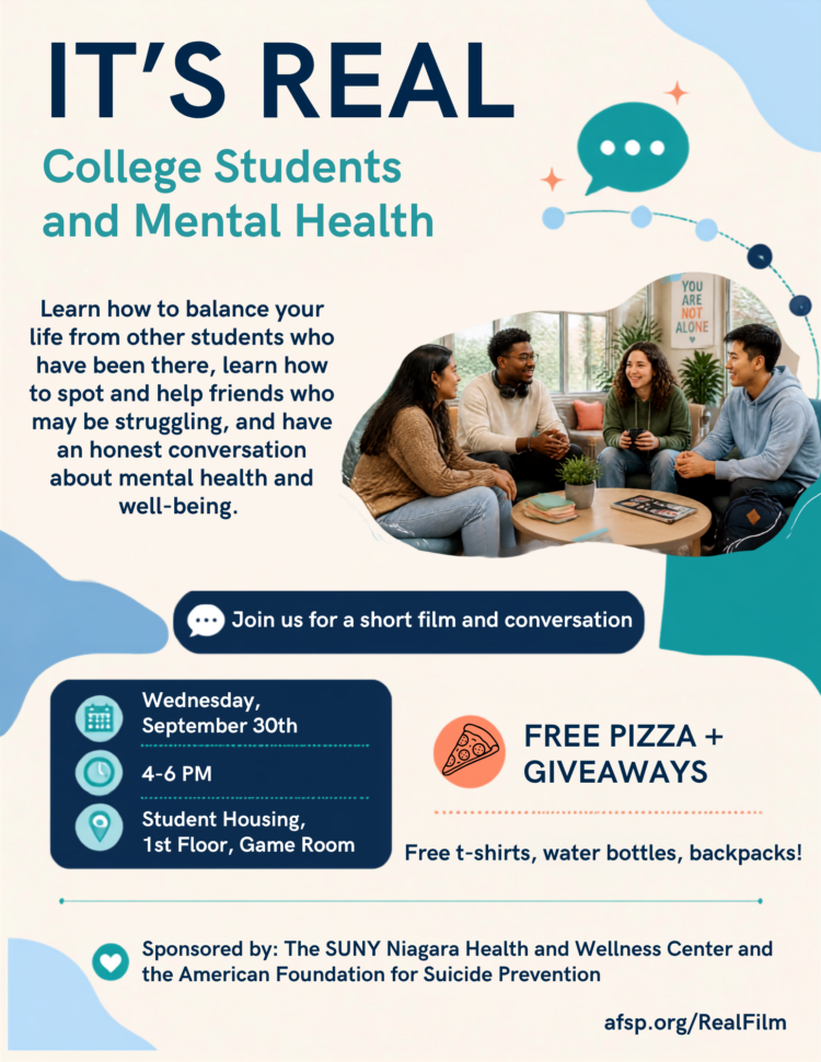 A flyer for a college mental health event with students talking, event details, and info about a film, conversation, and free pizza, t-shirts, water bottles, and backpacks. Event is on September 30th, 4–6 PM.