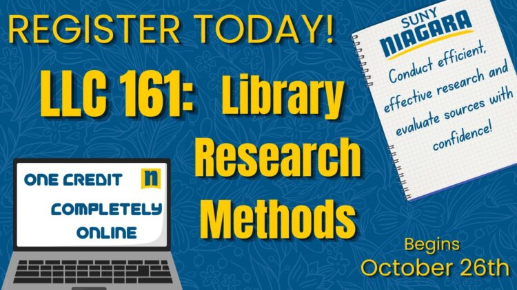 Advertisement for LLC 161: Library Research Methods. Text promotes a one-credit, completely online course starting October 26th, with a laptop and notepad graphic on a blue patterned background.
