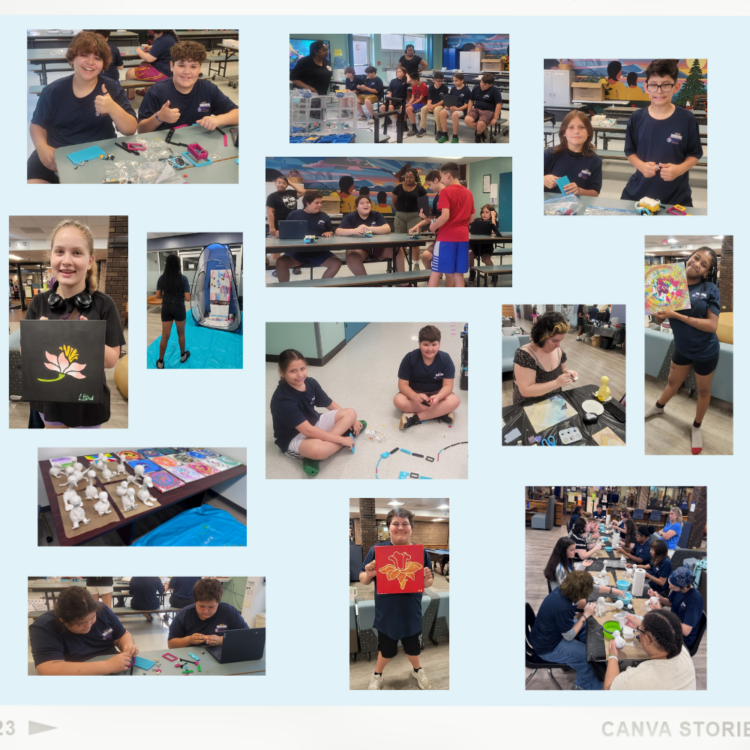 Collage of kids and teens doing arts and crafts, painting, drawing, and assembling projects at tables in a classroom or community center. Some pose proudly with finished artwork. All appear engaged and happy.