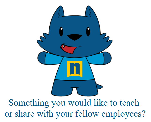 Cartoon blue wolf in a blue shirt with a yellow n, smiling and waving. Text below reads: Something you would like to teach or share with your fellow employees?.
