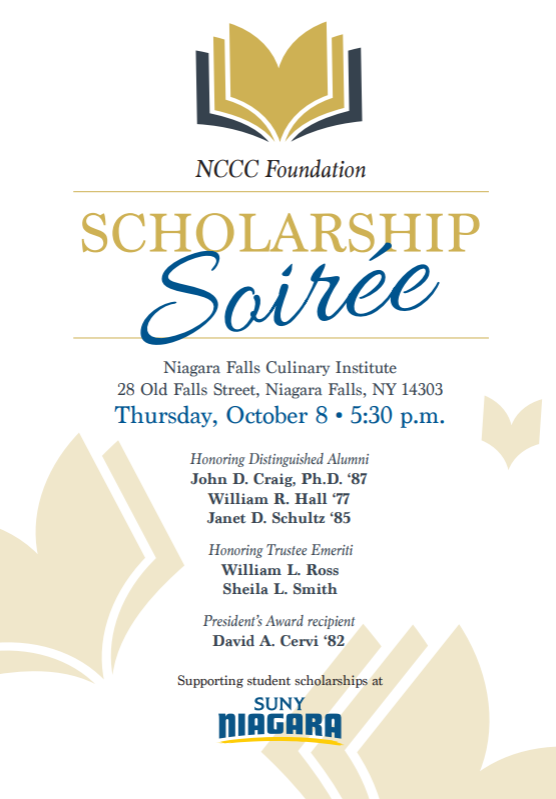 Event flyer for the NCCC Foundation Scholarship Soiree on October 8, 5:30 pm at Niagara Falls Culinary Institute, honoring alumni, trustees, and a presidents award recipient. SUNY Niagara logo at the bottom.