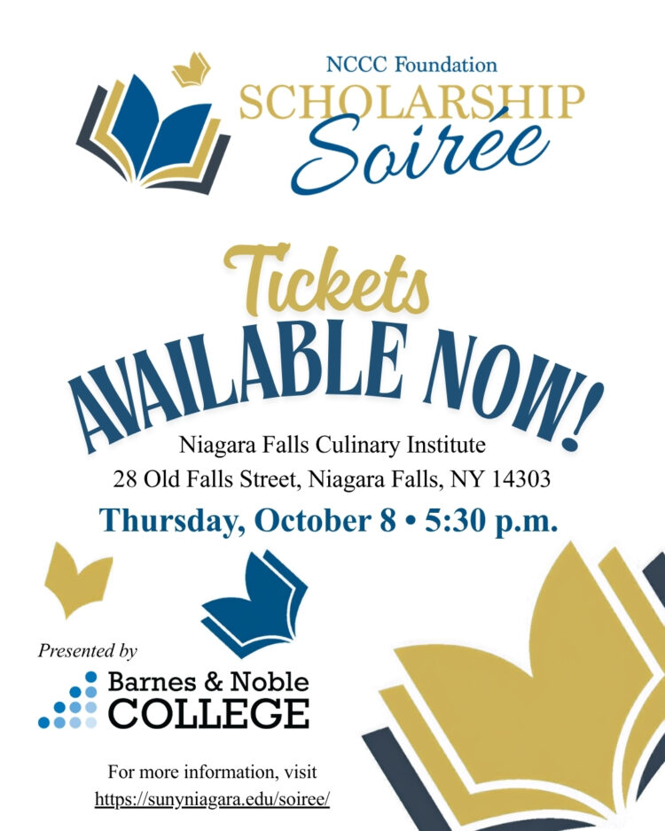 Flyer for the NCCC Foundation Scholarship Soiree on Thursday, October 8 at 5:30 p.m. at the Niagara Falls Culinary Institute. Tickets available now. Presented by Barnes & Noble College.