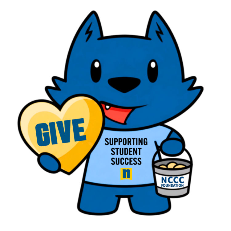 Cartoon blue wolf holding a yellow heart with the word GIVE and a bucket labeled NCCC Foundation; its shirt says SUPPORTING STUDENT SUCCESS with a yellow N logo.