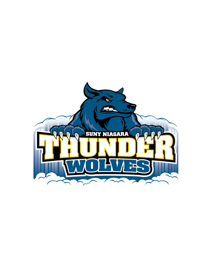 Logo of SUNY Niagara Thunderwolves featuring a blue wolf with claws out above the words THUNDER WOLVES in bold yellow and blue letters, with icy clouds in the background.