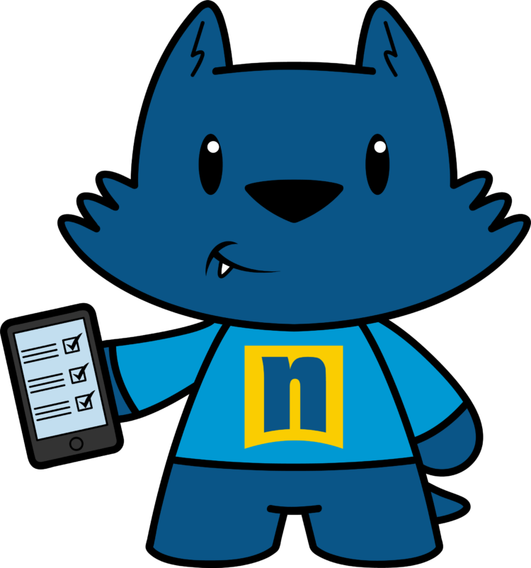 A blue cartoon cat in a shirt with a yellow n holds a smartphone displaying a checklist with three checked boxes.