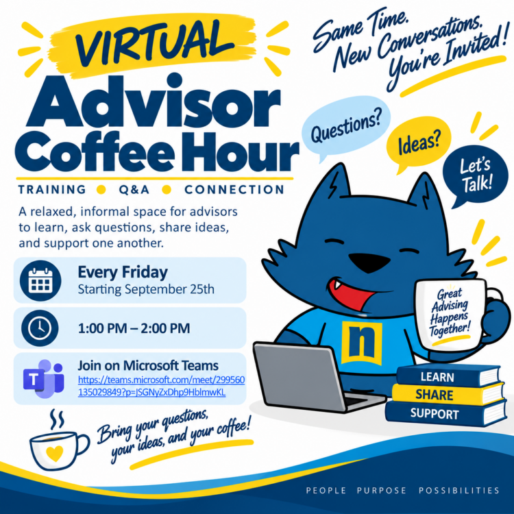 A blue cartoon wolf invites viewers to a virtual Advisor Coffee Hour on Fridays, 1-2 PM, via Microsoft Teams for Q&A, ideas, and support. Speech bubbles encourage sharing questions and ideas.