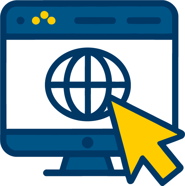 A blue computer monitor icon displays a globe with a yellow cursor pointing at it, symbolizing internet browsing or web access.