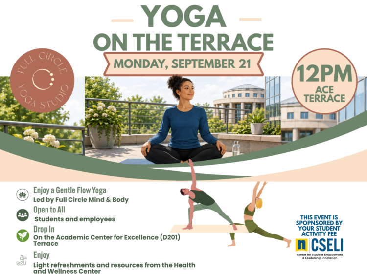 A woman sits cross-legged on a yoga mat on a terrace. Event info: Yoga on the Terrace, Sept 21, 12PM, ACE Terrace. Class by Full Circle Yoga. Free for students/employees. Light refreshments included.