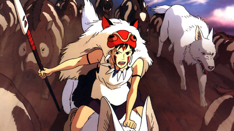 A girl wearing a wolf pelt and red mask rides a large white wolf, leading a pack of wolves against a dramatic sky.