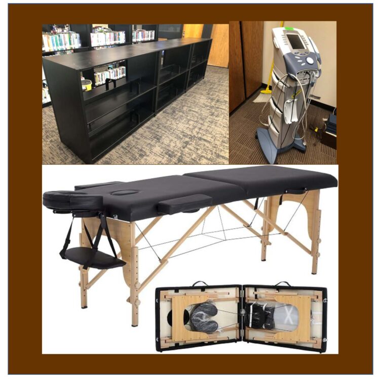 Collage with three images: empty black bookshelves, an electrotherapy machine on a stand, and a folding black massage table with accessories shown open and closed.