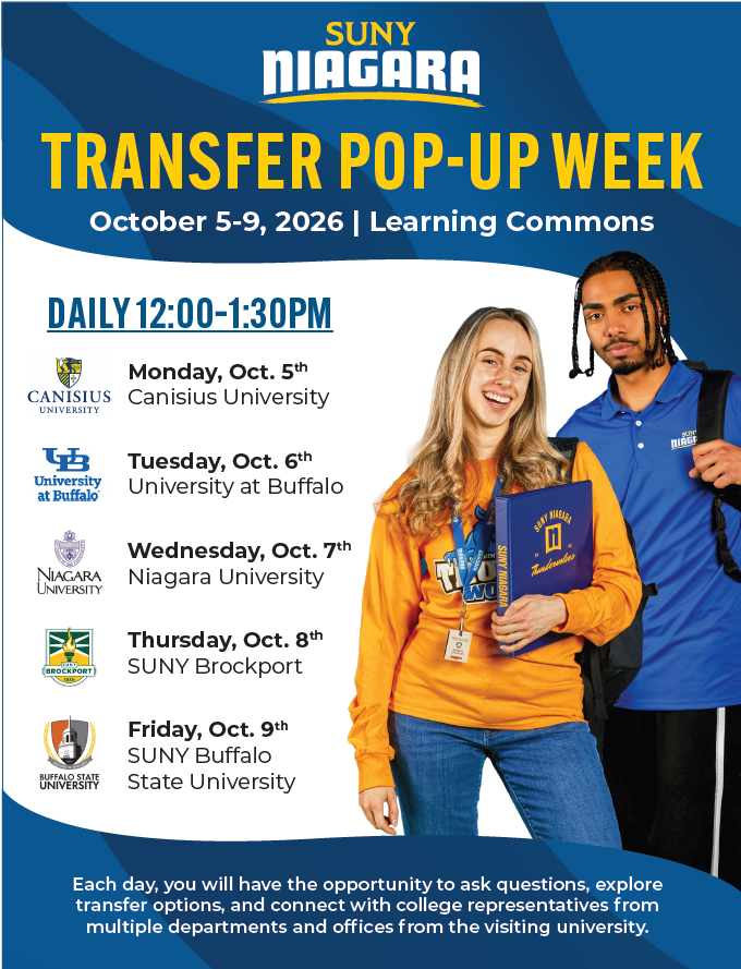 Two students holding folders stand smiling under a Transfer Pop-Up Week banner, with daily event details for SUNY Niagaras October 2026 transfer info sessions listed on the right.