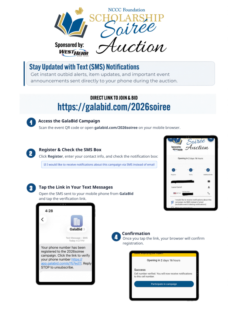 Infographic showing how to register for NCCC Foundation Scholarship Soiree Auction text alerts, featuring the auction URL and a four-step guide with screenshots of the mobile registration process.