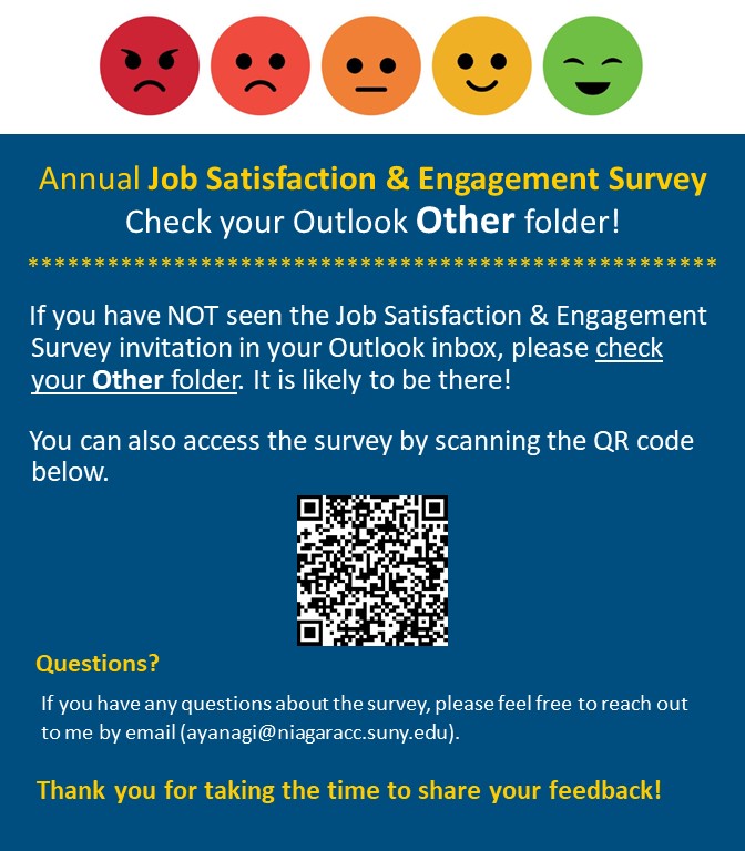 Survey flyer with five emoji faces showing satisfaction levels, a headline about a job satisfaction survey, a message to check the Outlook Other folder, a QR code, and contact info for questions at the bottom.