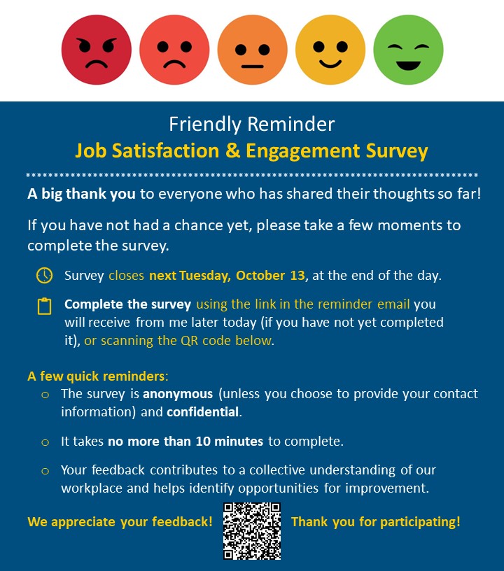 Friendly reminder survey flyer featuring a five-level emotion scale, survey instructions, a deadline of Tuesday, October 13, and a QR code for submission.