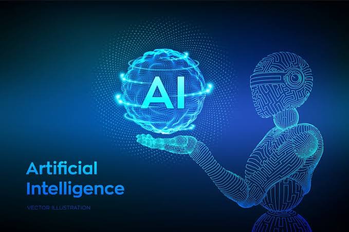 A wireframe robot hand holds a glowing digital globe with the letters AI in the center.