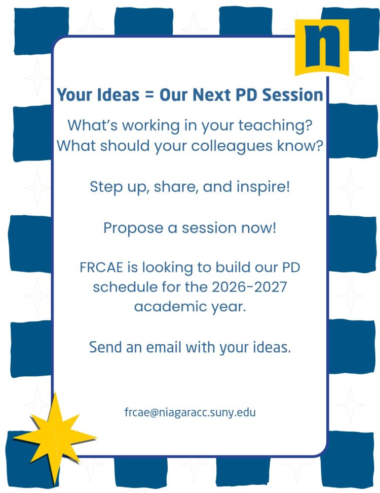 Flyer for FRCAE calling for 2026-2027 professional development session proposals; interested teachers should email frcae@niagaracc.suny.edu with their ideas.
