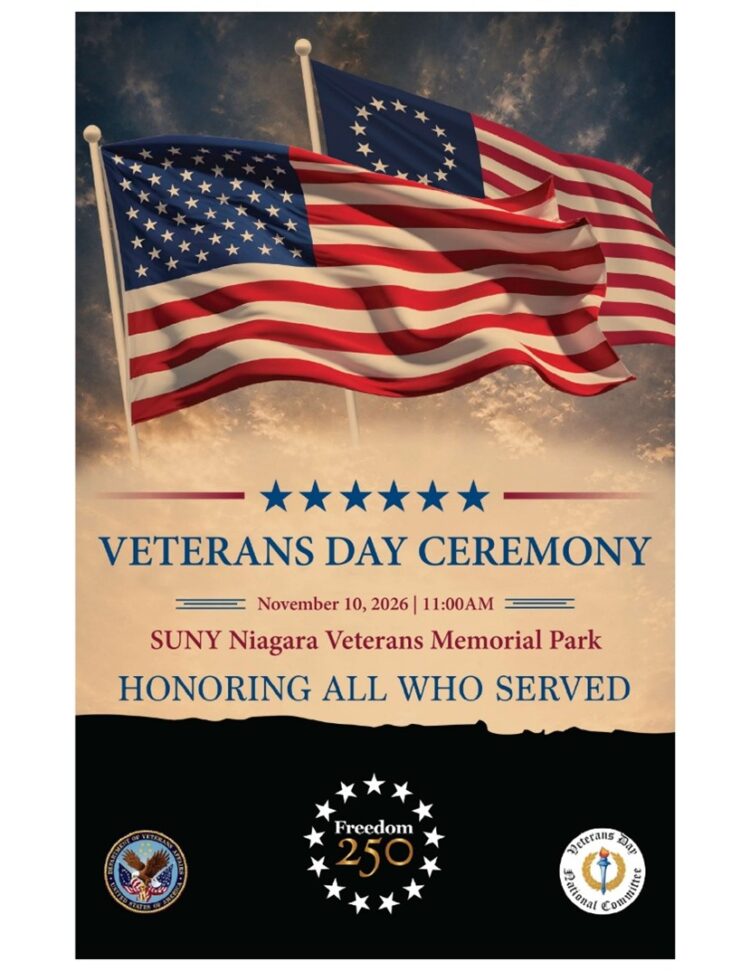 Veterans Day Ceremony poster for November 10, 2026, at 11:00 AM at SUNY Niagara Veterans Memorial Park, featuring the U.S. flag and the Freedom 250 logo.