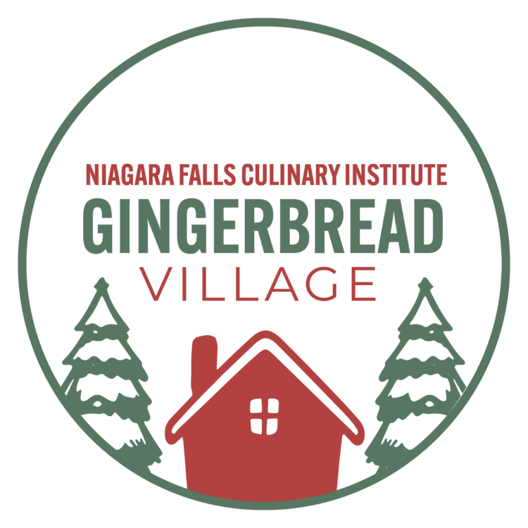Logo for the Niagara Falls Culinary Institute Gingerbread Village featuring a red house illustration between two green pine trees inside a circular border.