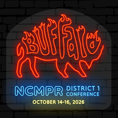 Neon sign of a buffalo in flames above text reading NCMPR District 1 Conference, October 14-16, 2026.