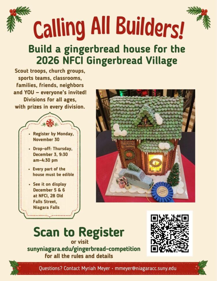 Event flyer for the 2026 NFCI Gingerbread Village competition, featuring registration details, deadlines, and a photo of a gingerbread house with a blue ribbon.