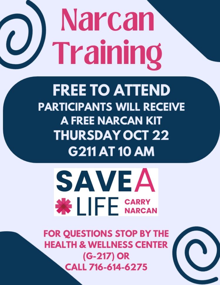 Flyer for free Narcan training on Thursday, October 22, at 10 AM in room G211, including information on how to contact the Health & Wellness Center.