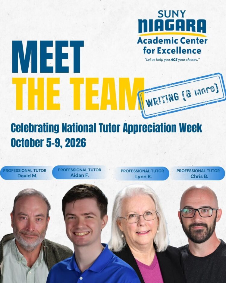 SUNY Niagara Academic Center for Excellence Meet the Team flyer for National Tutor Appreciation Week, October 5-9, 2026, featuring photos of professional tutors David M., Aidan F., Lynn B., and Chris B.