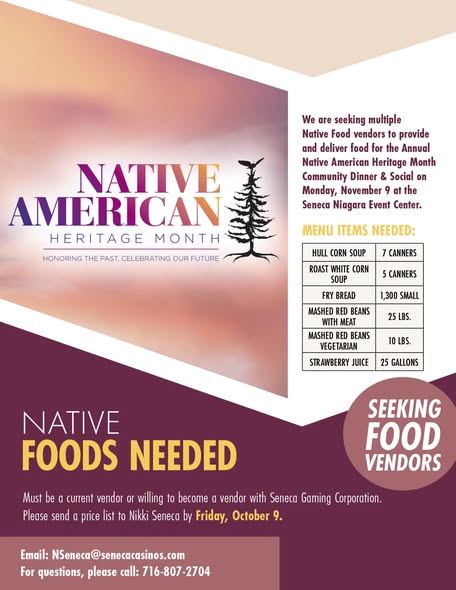 Flyer for Native American Heritage Month seeking food vendors for a community dinner on November 9, listing requested menu items, submission requirements, and contact information.